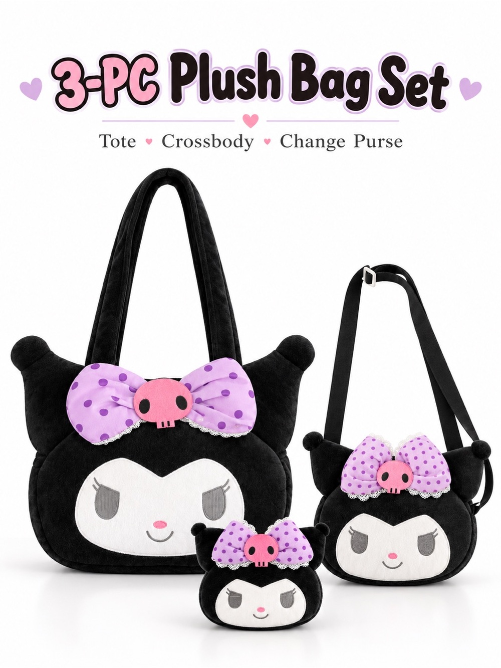 Kuromi Plush 3 Piece Bag Set Tote, Crossbody & Coin Purse Black Purple & Pink.
